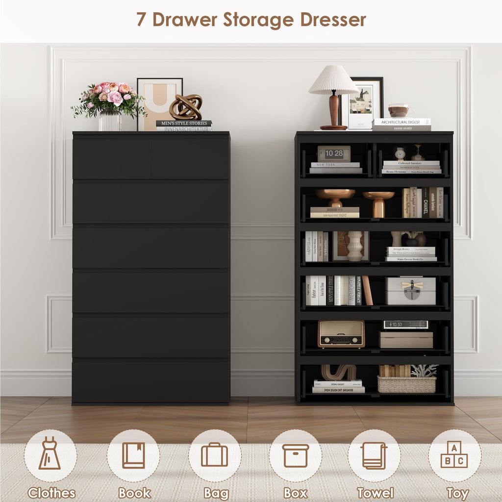 FOTOSOK 7 Drawer Dresser, Black Dresser Tall Dresser, 23.6W x 15.7D x 46.7H in Black Chest of Drawers with Large Storage Space for Home