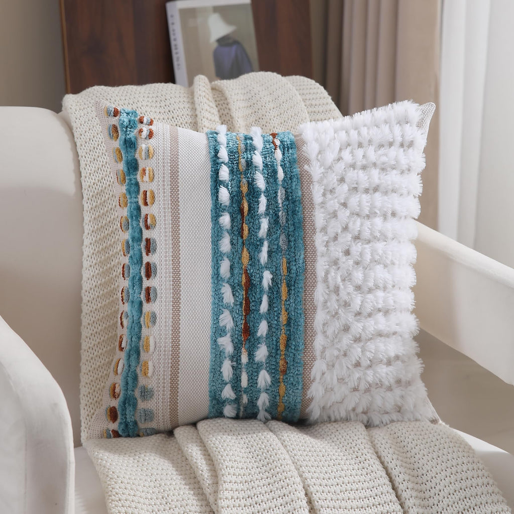 Boho Pillow Covers 18x18 Set of 2 for Couch-Modern Farmhouse Sofa Decorative Throw Pillow Covers Textured Chenille Cushion Covers Outdoor Netural Bohemian Pillow Cases Square