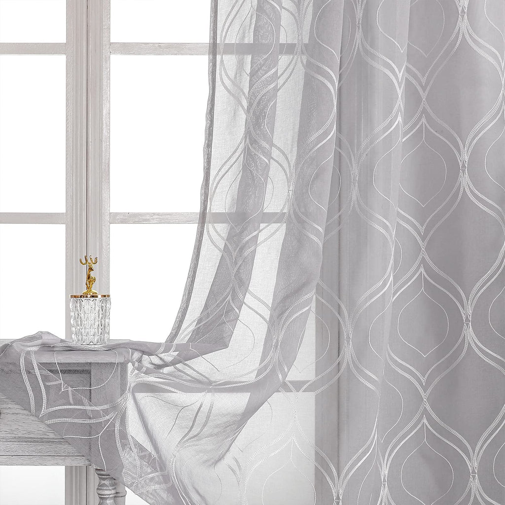 VISIONTEX Sheer Curtains 63 Inches Long 2 Panels Set, Beige and Ivory Moroccan Embroidery Texture Geometric Rod Pocket White Voile Tulle Semi Window Treatment Pair for Bedroom, W54 x L63
