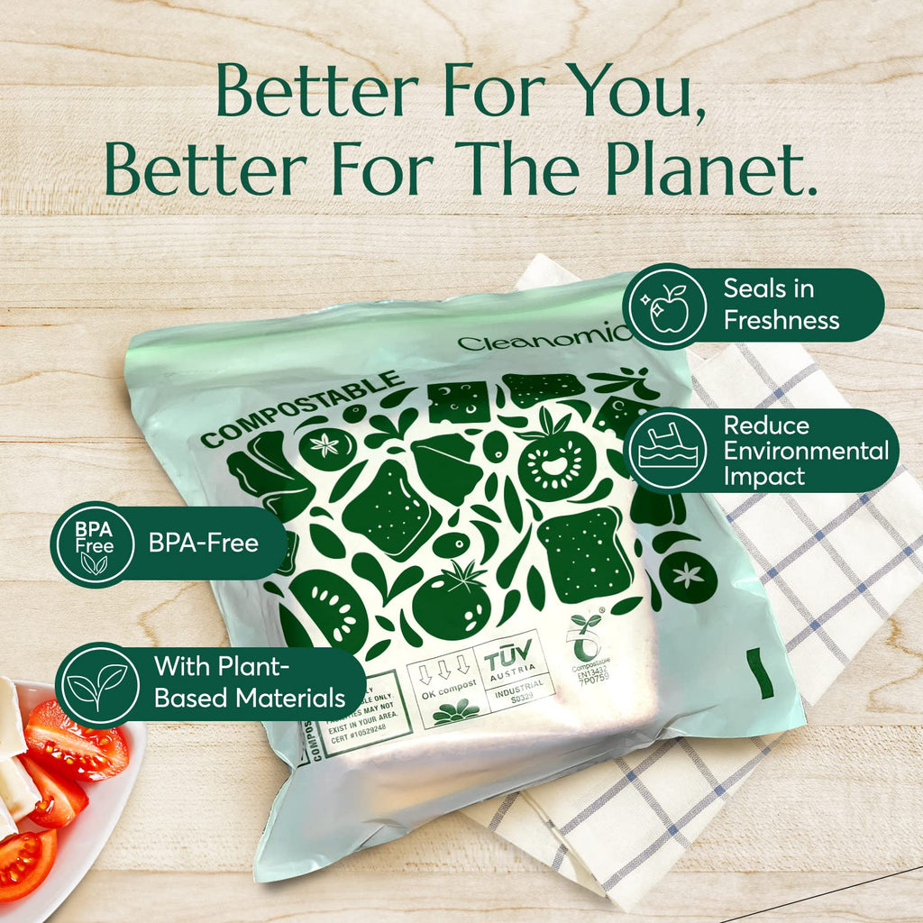 Cleanomic Compostable* Snack Size Food Storage Bags (50 Eco Zip) Freezer and Leak Proof, Also Available Gallon, Quart and Sandwich Size Bags