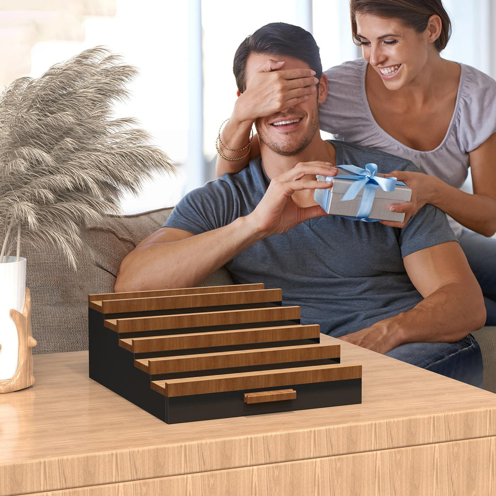 Wooden Cologne Organizer for Men 4 Tier of Perfume Display Holder of Drawer & 2 Hidden Compartments Larger Storage Space Mens Perfume Organizer Shelf Stand,Gift for Man (4T-Black Walnut)