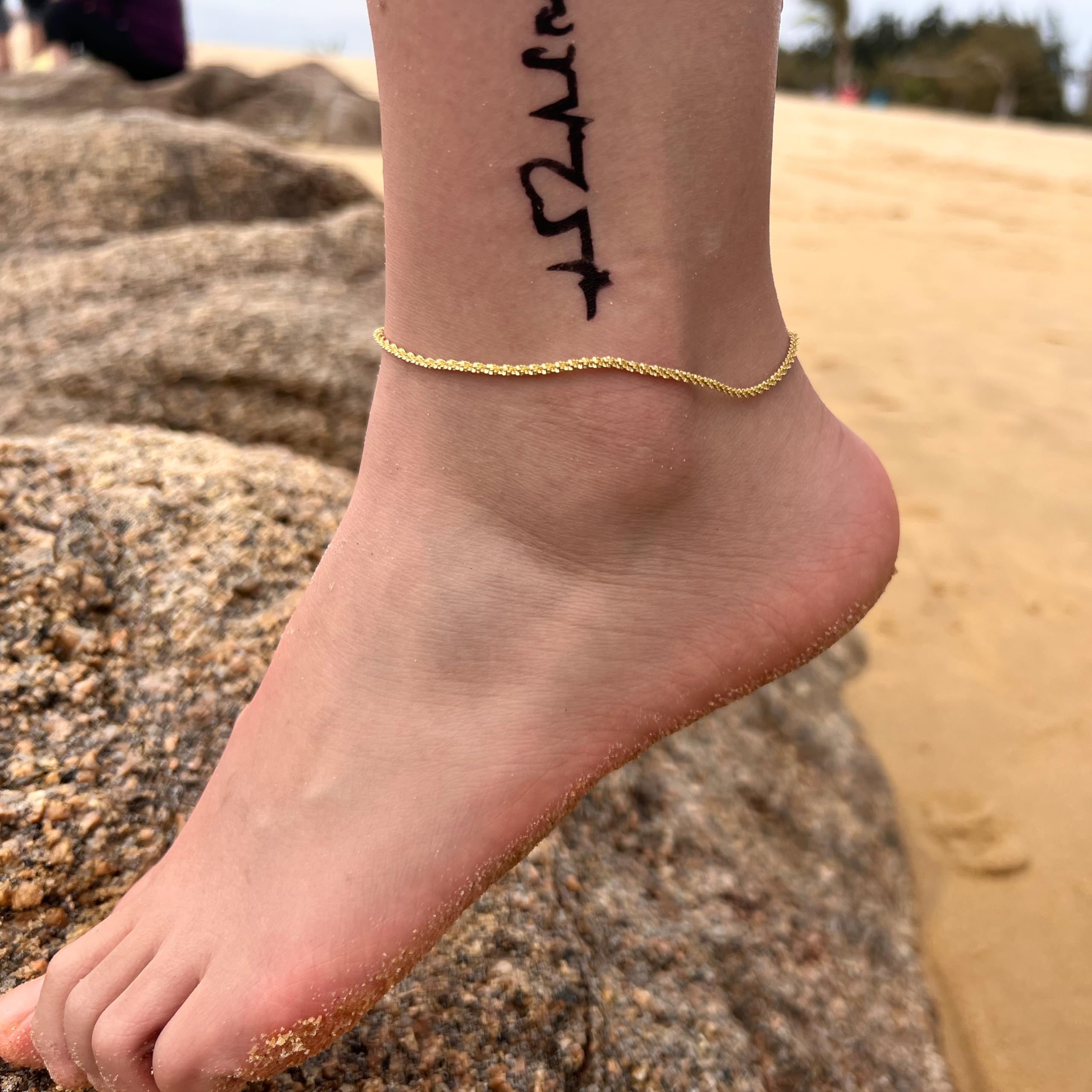 Freekiss Sterling Silver Ankle Bracelets for Women: Dainty Layered Waterproof Anklet for Women Adjustable Womens Anklet Set Stackable Figaro Beaded Cuban Link Anklets Beach Jewelry for Women