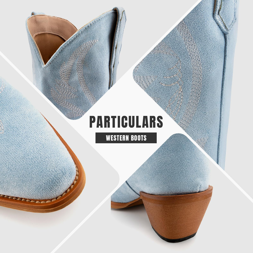 GORBINETI Women Cowboy Boots Mid Calf Cowgirl Western Boots Embroidered Suede Pull On Almond Toe Chunky Heel