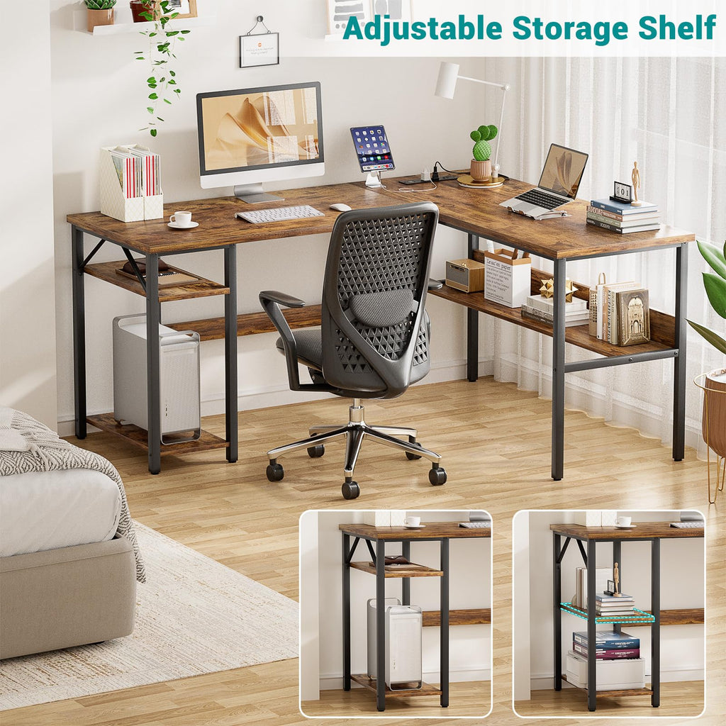Reversible L Shaped Gaming Desk with Power Outlets and USB Charging Ports, Sturdy Computer Desk with Storage Shelf, Modern Corner Desk Home Office Table, Easy to Assemble, Gray Oak