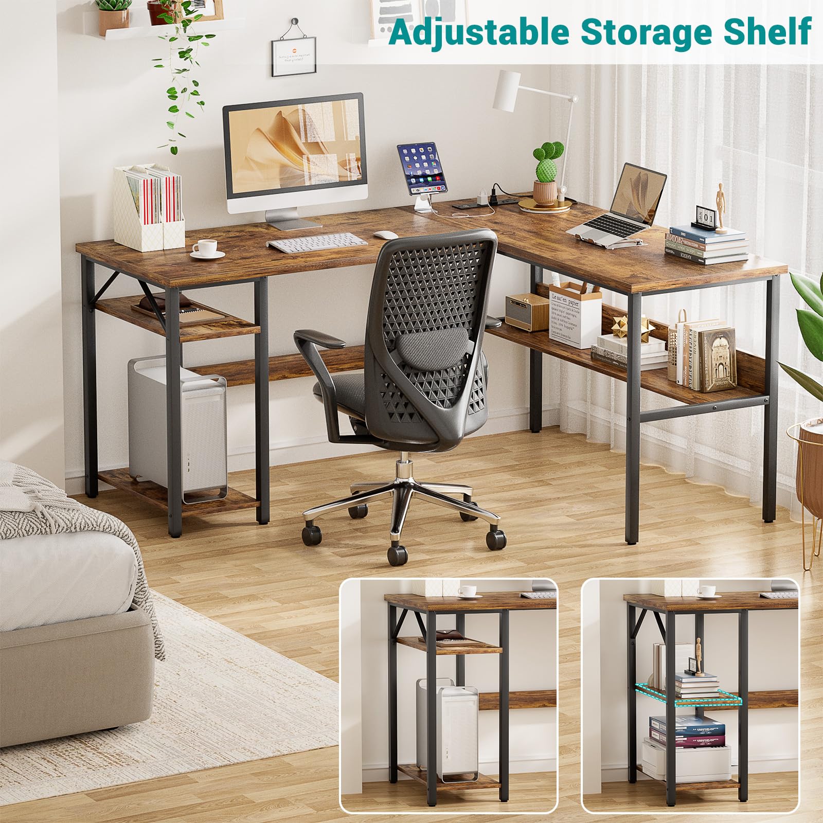 Reversible L Shaped Gaming Desk with Power Outlets and USB Charging Ports, Sturdy Computer Desk with Storage Shelf, Modern Corner Desk Home Office Table, Easy to Assemble, Gray Oak