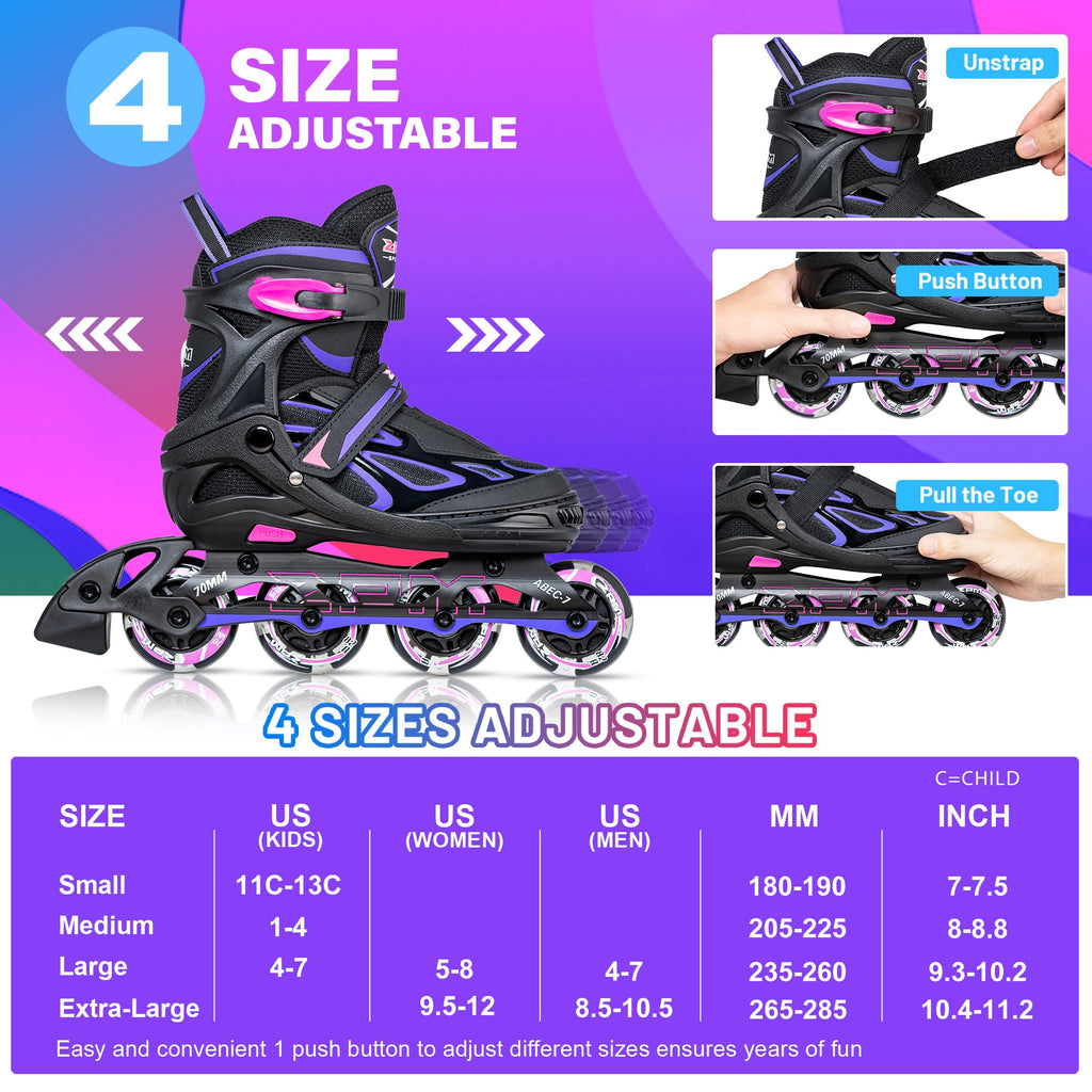 2PM SPORTS Vinal Girls Adjustable Flashing Inline Skates, All Wheels Light Up, Fun Illuminating Skates for Kids Men Adult Women and Boys