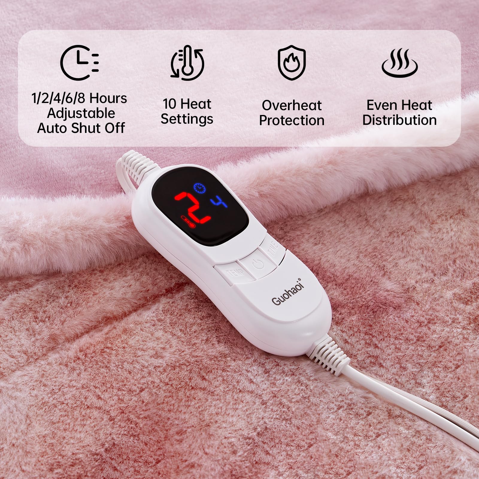 Guohaoi Heated Blanket Electric Throw, Soft Faux Rabbit Fur Electric Blanket with 10 Heating Levels 5 Sitting Timer Auto Off, Cozy Warm Heating Blankets, Machine Washable(50"×60" Beige)