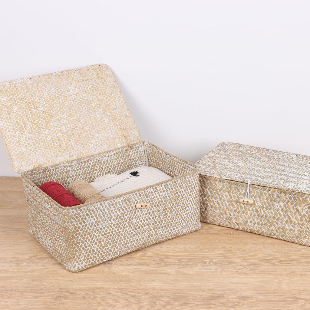 FEIALNDUO Wicker Shelf Baskets with Lid,Seagrass Storage Basket Bins Rectangular Handwoven Basket Boxes for Shelves Desktop Home Organizer (Coffee, X-Small)