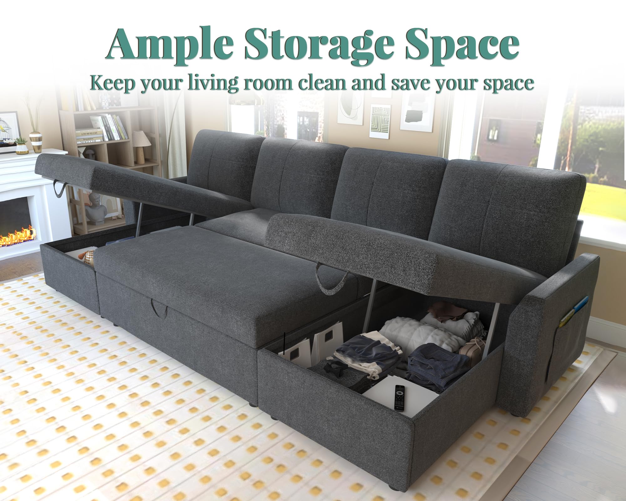 PaPaJet Sofa Bed, Sleeper Sofa with Storage Chaise, L Shaped Sofa with Pull Out Bed, Oversized Sofas for Living Room, Beige