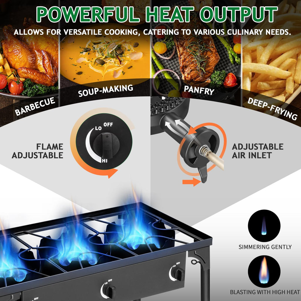 Outvita 2 Burner Propane Gas Stove for Outdoor Cooking, 150,000 BTU Camping Cooker with Removable Legs, Temperature Control Knobs for Backyard Cooking, BBQ, Baking and Frying