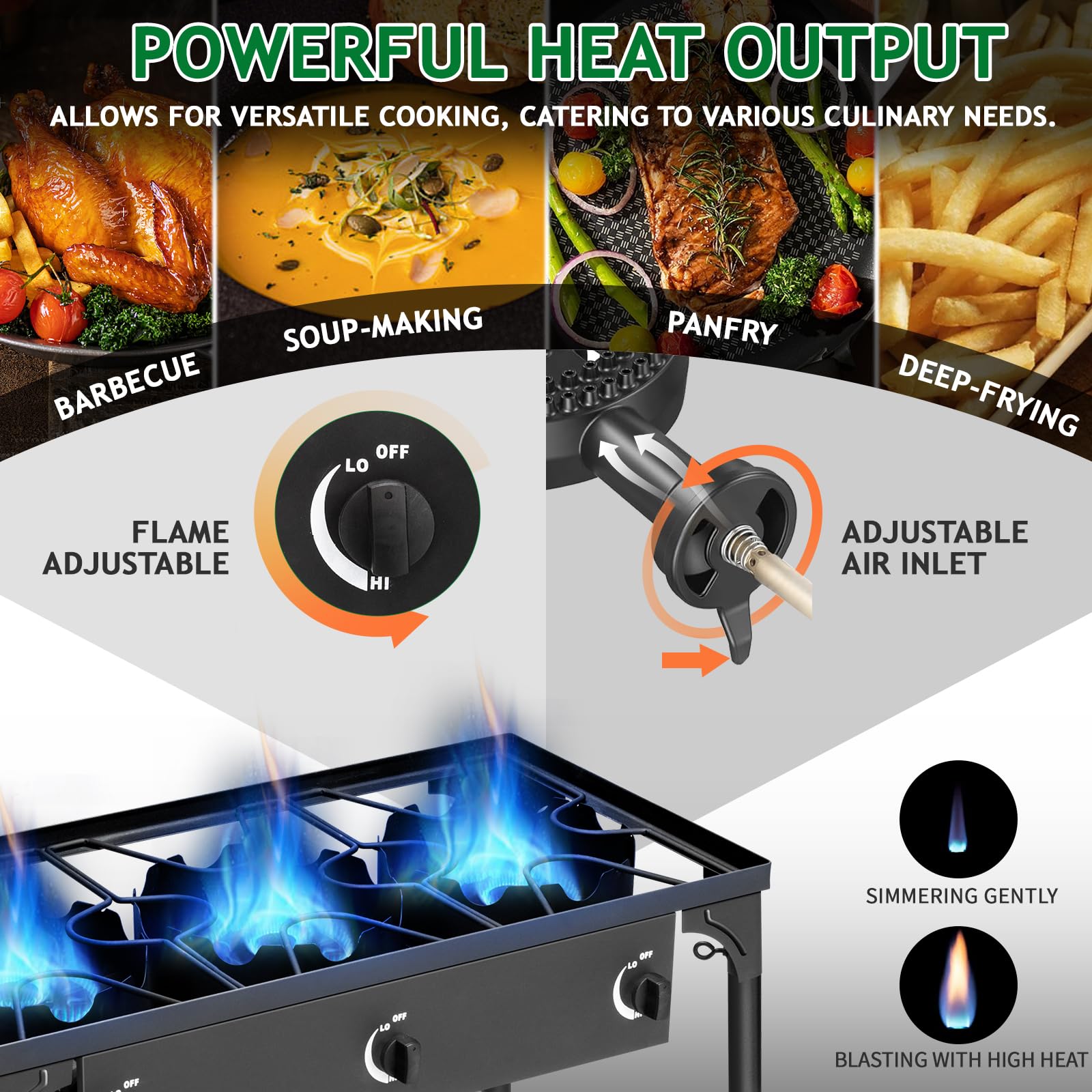 Outvita 2 Burner Propane Gas Stove for Outdoor Cooking, 150,000 BTU Camping Cooker with Removable Legs, Temperature Control Knobs for Backyard Cooking, BBQ, Baking and Frying