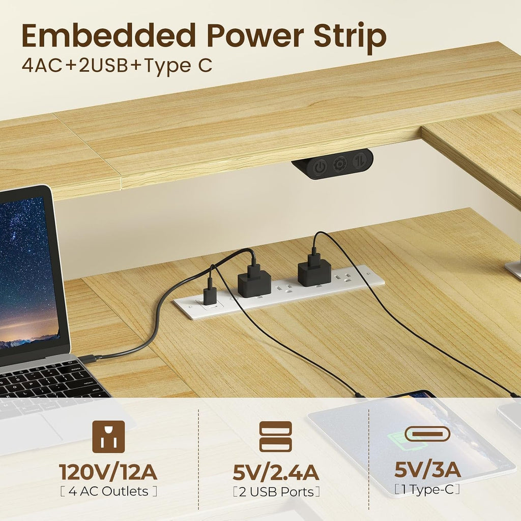 Rolanstar L Shaped Standing Desk with Keyboard Tray, Height Adjustable Corner Desk with LED Light & Power Outlet, Electric Sit Stand Computer Desk with Monitor Stand, Beige
