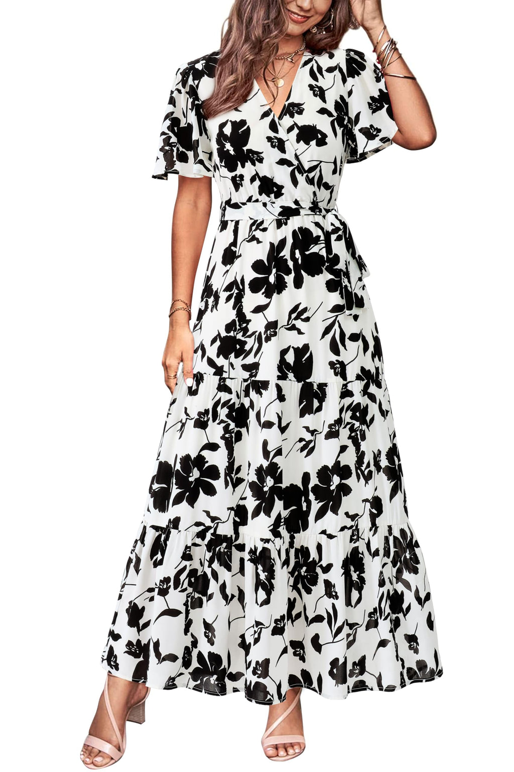 MASCOMODA Womens Summer Swiss Dot Maxi Dresses Wrap V Neck Flutter Short Sleeve Boho Casual Flowy Long Wedding Guest Dress