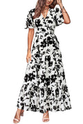 MASCOMODA Womens Summer Swiss Dot Maxi Dresses Wrap V Neck Flutter Short Sleeve Boho Casual Flowy Long Wedding Guest Dress