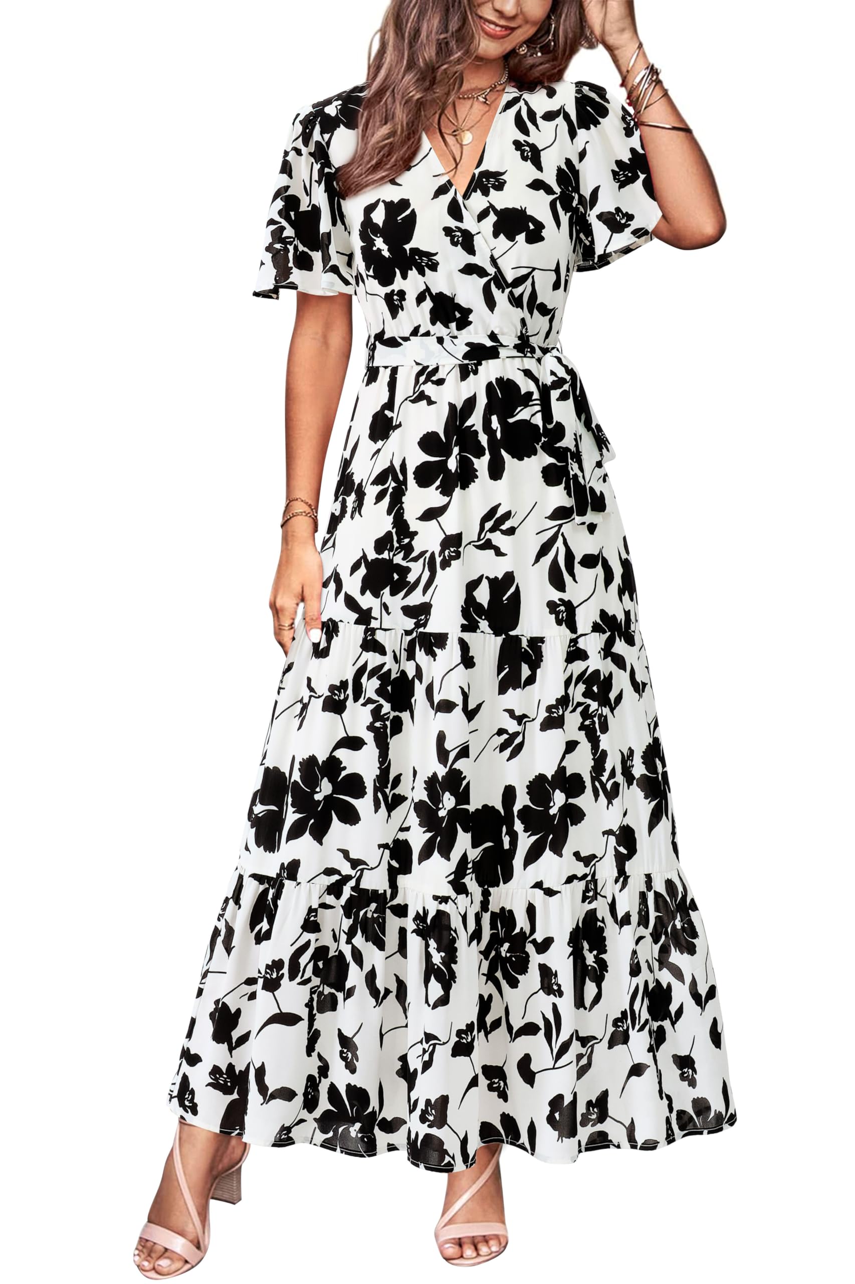 MASCOMODA Womens Summer Swiss Dot Maxi Dresses Wrap V Neck Flutter Short Sleeve Boho Casual Flowy Long Wedding Guest Dress