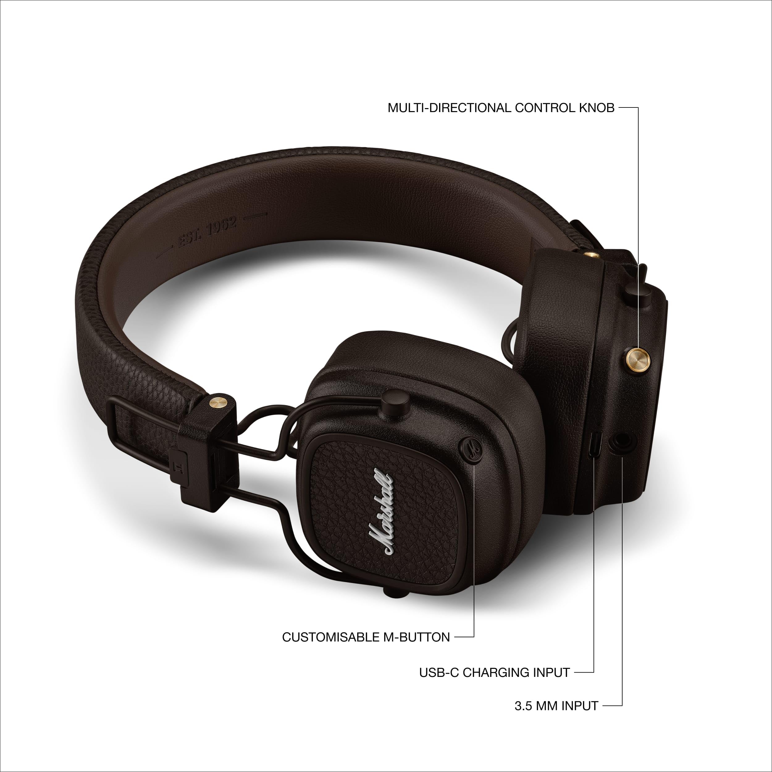 Marshall Major V Wireless On-Ear Bluetooth Headphones - 100+ Hr Playtime | Detachable Audio Cable | Microphone for Calls | Lightweight, Foldable Design for Travel - Black