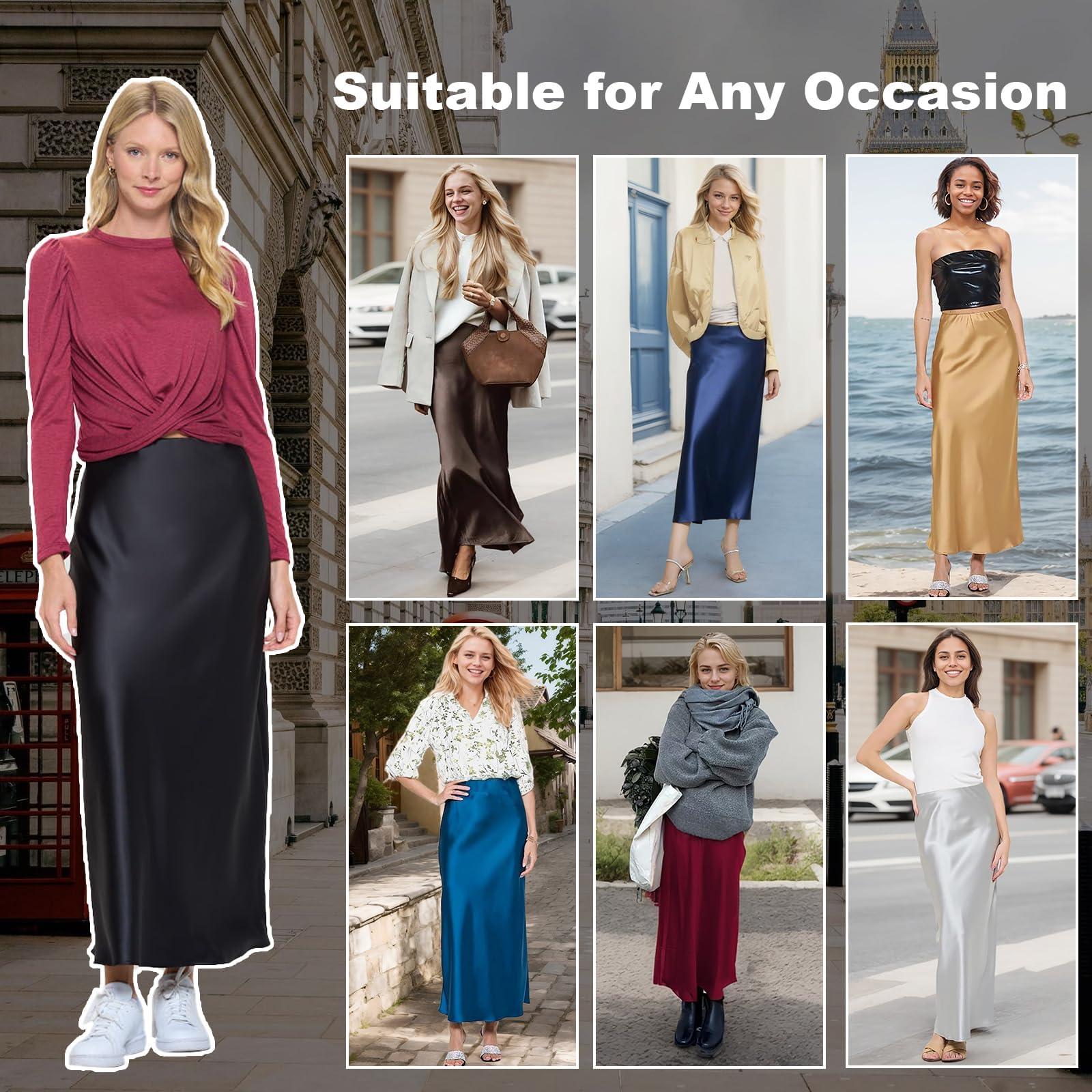 Women's Solid Satin High Waist Midi Long Skirt Hidden Elastic Waistband Skirt for Women-Made in USA