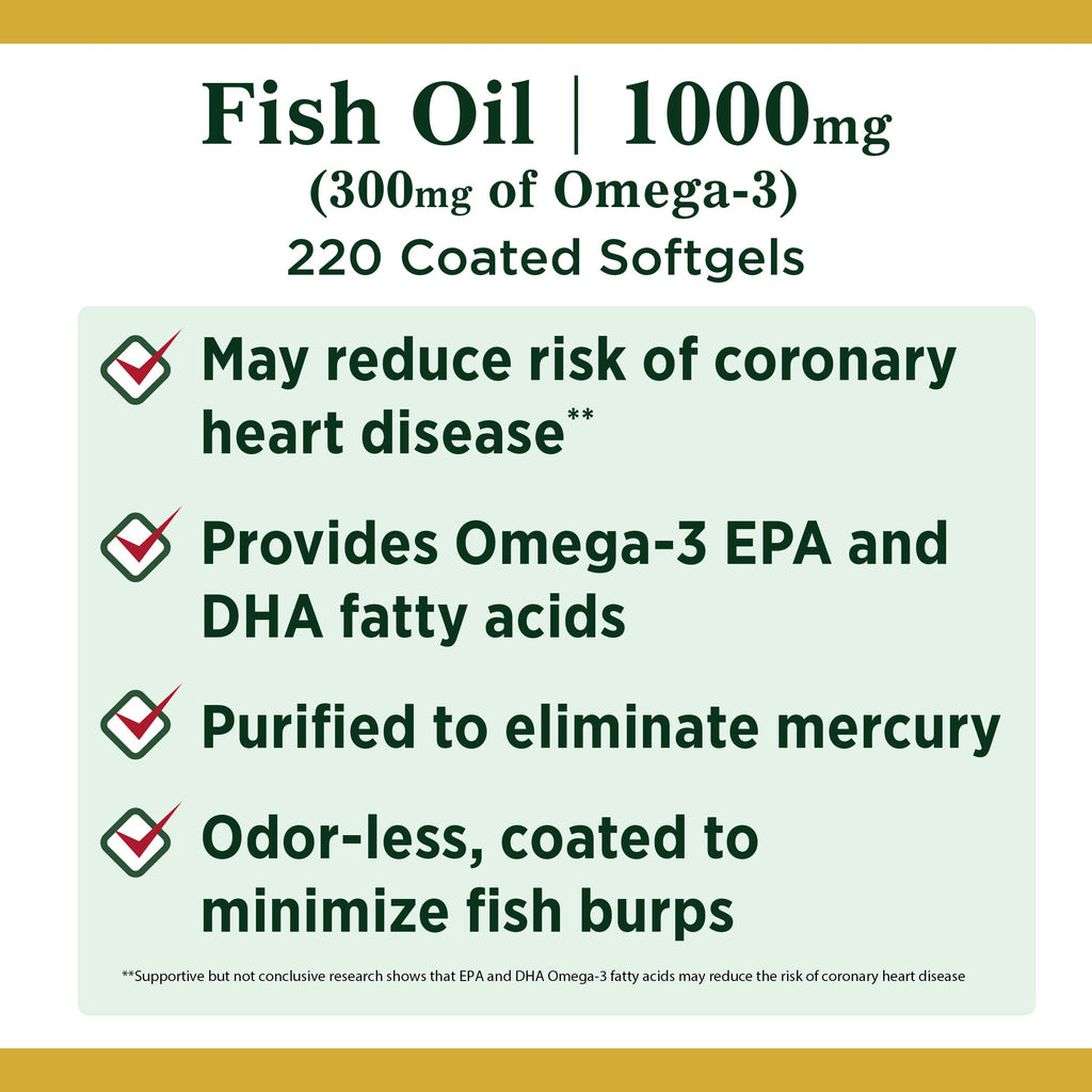 Nature's Bounty Fish Oil 1000 mg Coated Softgels, 220 Count