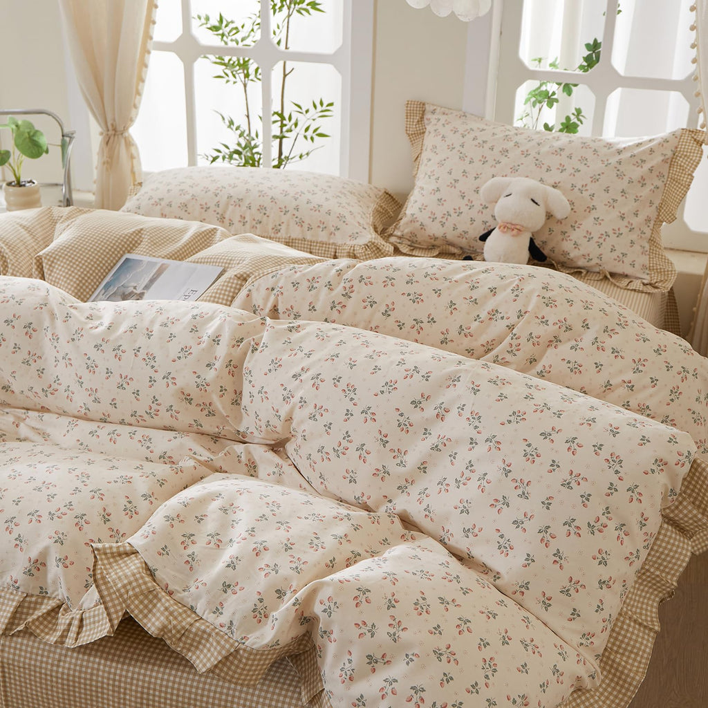 Pink Flower Duvet Cover Twin Chic Floral Print Ruffle Duvet Cover Cotton Lace Comforter Cover Country Style Floral Bedding Set Romantic Ruffle Comforter Cover Flower Bedding Cover with 2 Pillowcases