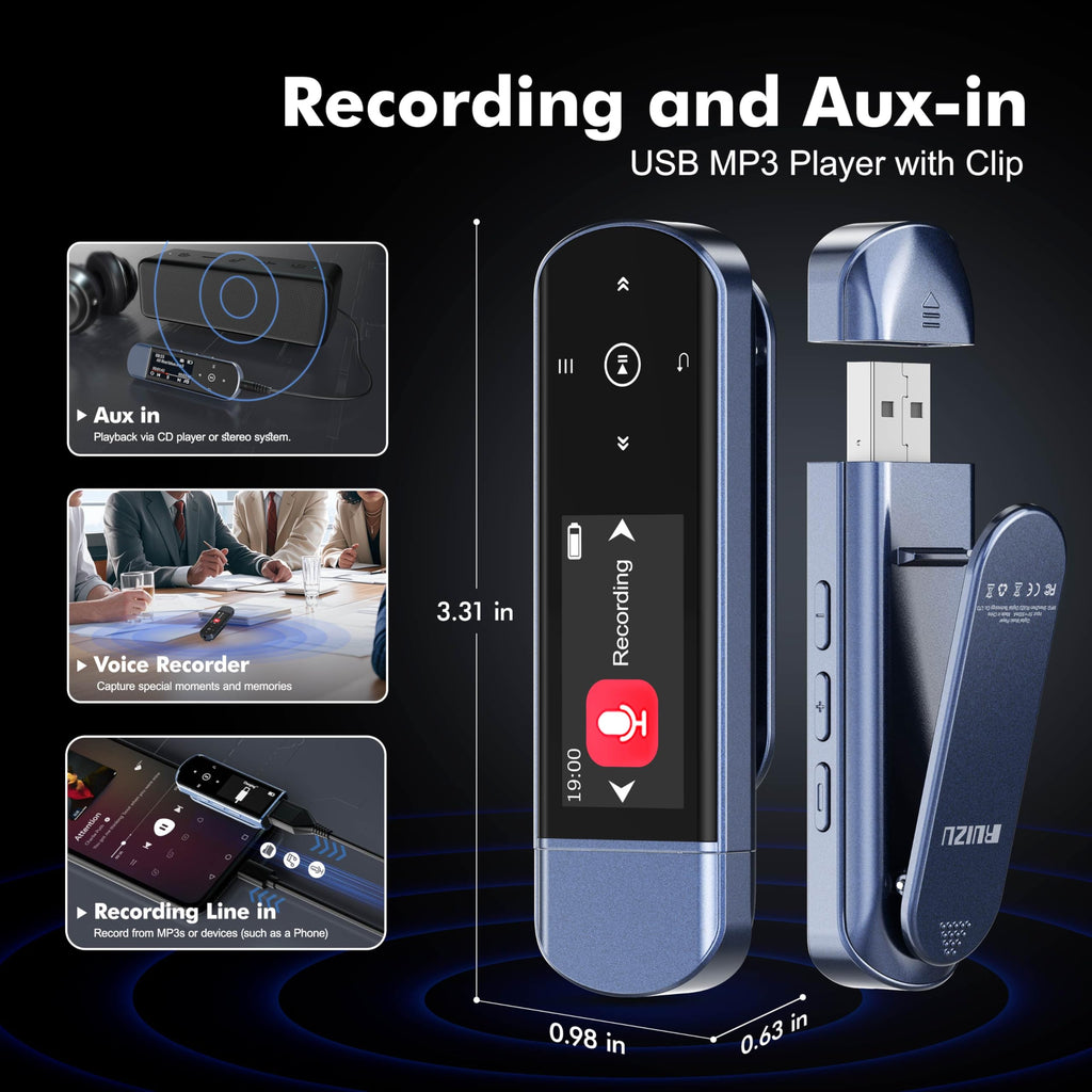 RUIZU 64GB USB MP3 Player with Bluetooth 5.3, Clip Jam Portable Music Player for Sports Running, USB MP3 Player Stick with FM Radio, Voice Recorder, Digital Audio Shuffle Repeat, Phone File Transfer
