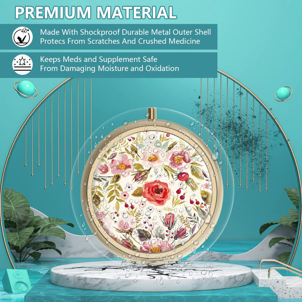 Pill Case Pill Box with Mirror Retro 2 Compartment Small Pill Case for Purse or Pocket Bronze Rectangular Pill Box or Vitamins, Fish Oil, Supplements, Pill Containe Travel Gifts（Retro Red Flowers）