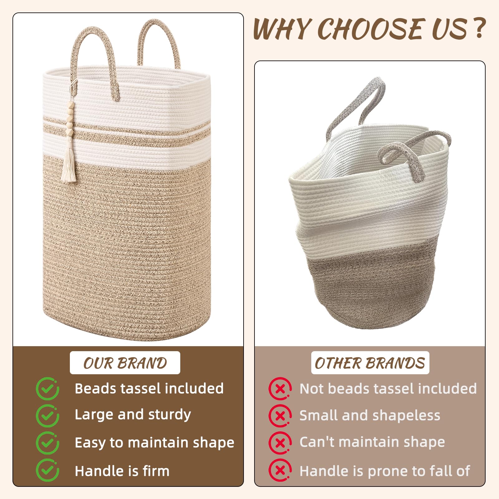 Woven Laundry Basket for Clothes, 50L Large Rectangle Laundry Hampers with Beads Tassel, Nursery Storage Basket for Toys, Tall Dirty Clothes Hamper for Bedroom Aesthetic, Laundry Room Organization