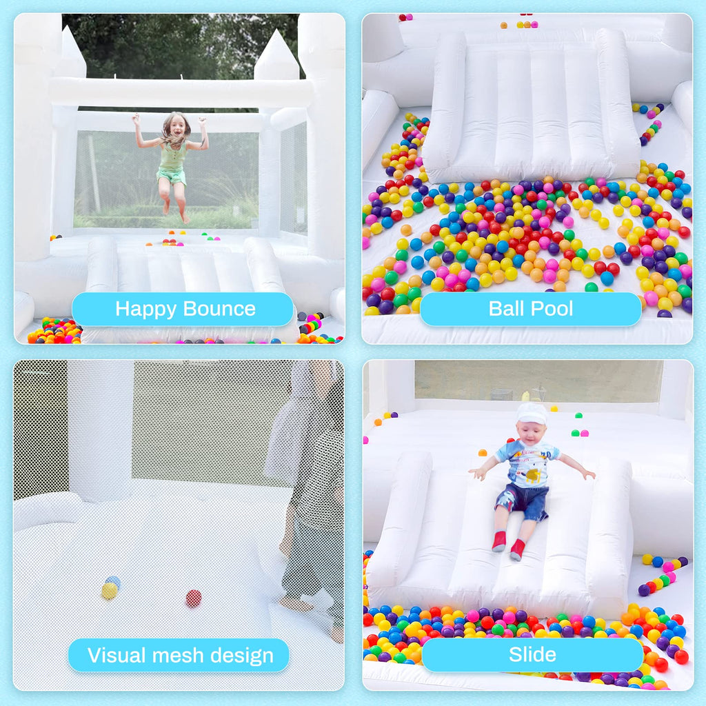 Inflatable White Bounce House for Kids with UL Blower-Portable, Large Ball Pool and Jump Space 3in1 Bouncy Castles A Spacious Joy-Room Bounce House for Kids 3-12 (Oxford material-13' L X 8' W X 8' H)