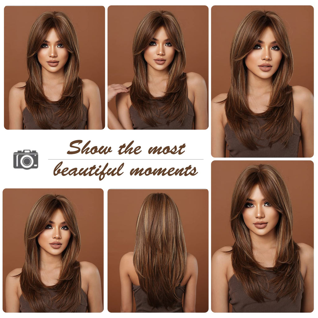 HAIRCUBE Auburn Wigs for Women,Long Layered Orange Wigs with Bangs Heat Resistant Synthetic Fibre Wigs(pelucas de cabello natural)