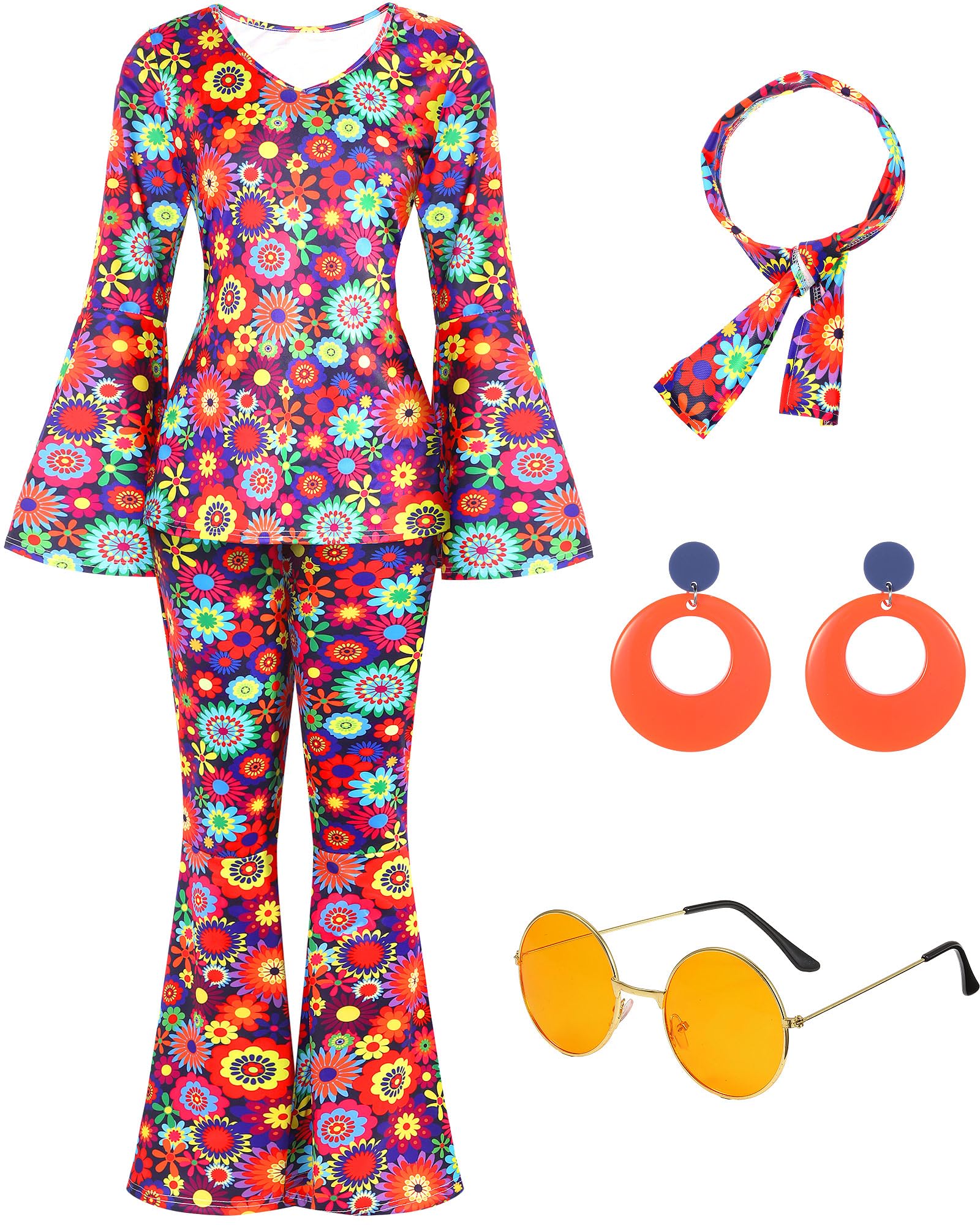Leumoi 6 Pcs 60s 70s Disco Outfit Women Hippie Costume Accessories Flared Pants Headband Earrings Sunglass