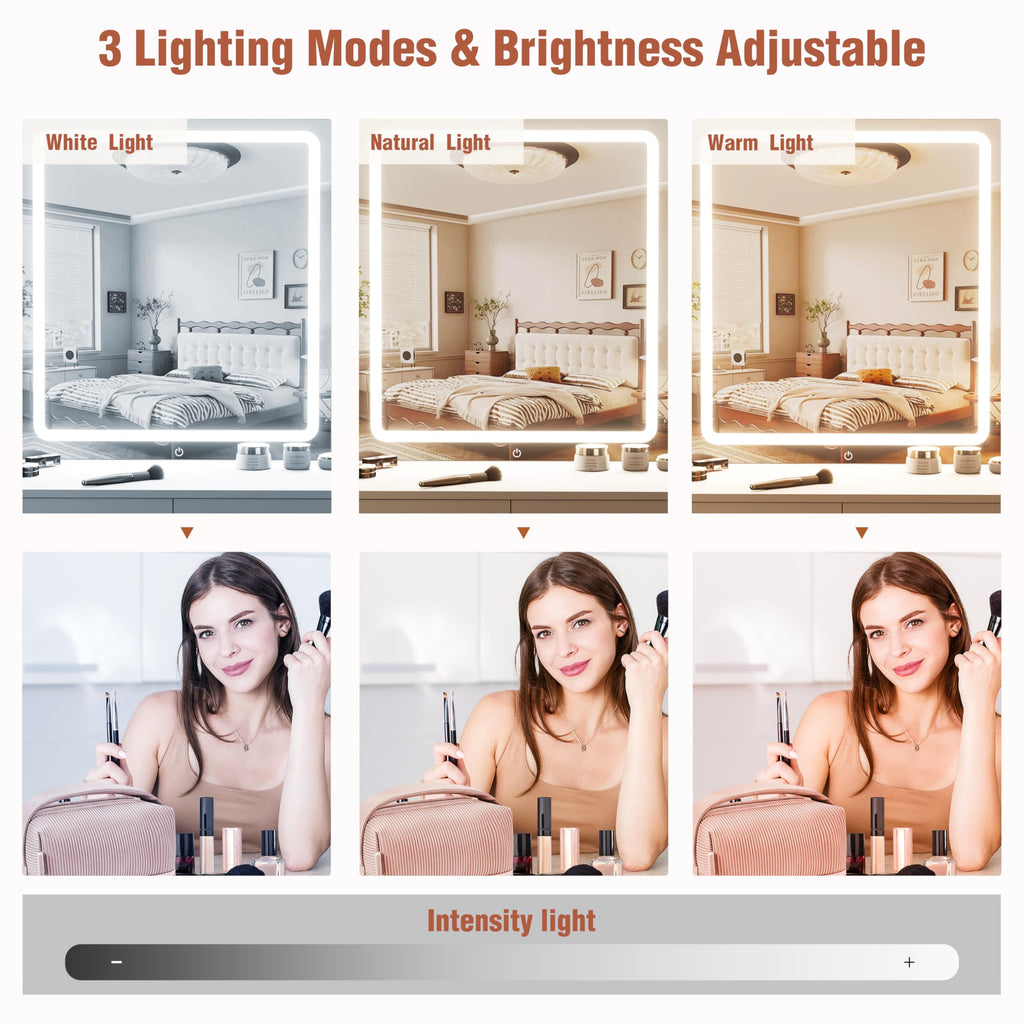 YIKEHOME Makeup Vanity Desk with Mirror and 10 Lights, 3-Colour Hollywood Brighter Bulbs, Vanity Table Set with Large Drawers and and Charging Station for Bedroom Dressing Room White