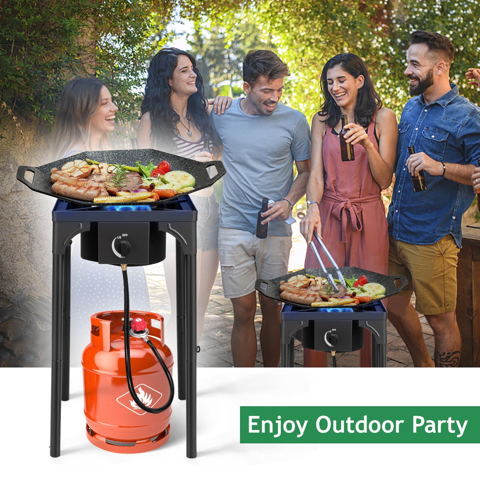 Outvita 2 Burner Propane Gas Stove for Outdoor Cooking, 150,000 BTU Camping Cooker with Removable Legs, Temperature Control Knobs for Backyard Cooking, BBQ, Baking and Frying