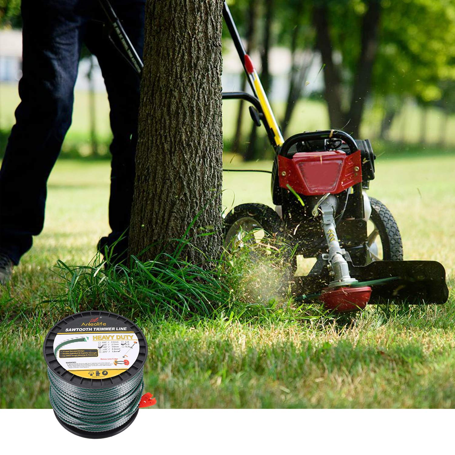A Anleolife 1-Pound Heavy Duty Sawtooth 140-mil-by-108-ft Dual Core String Serrated Trimmer Line Donut for Walk Behind Wheeled Mowers with Built-in Line Cutter