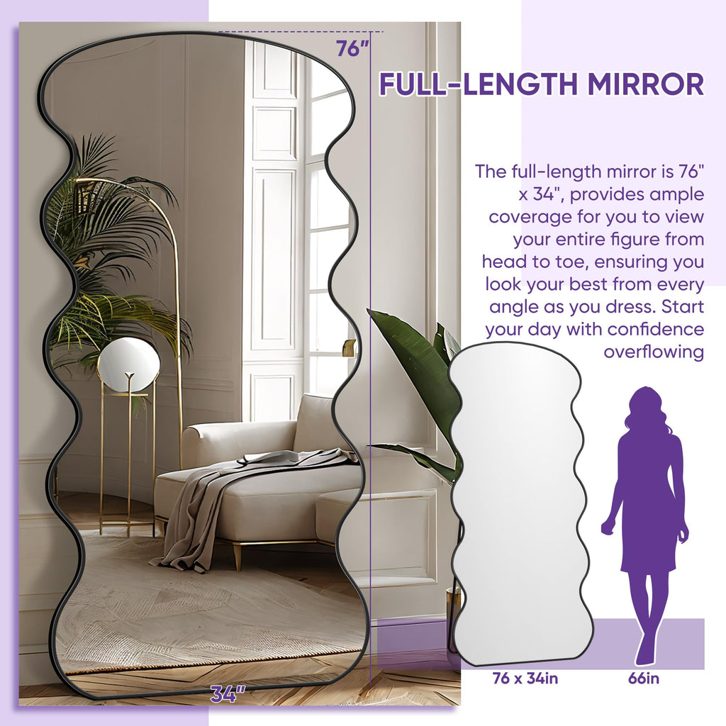 Full Length Mirror, 76"x34" Wavy Floor Mirror Freestanding, Floor Standing Full Body Mirror with Stand for Bedroom, Hanging Mounted for Living Room Cloakroom, Black