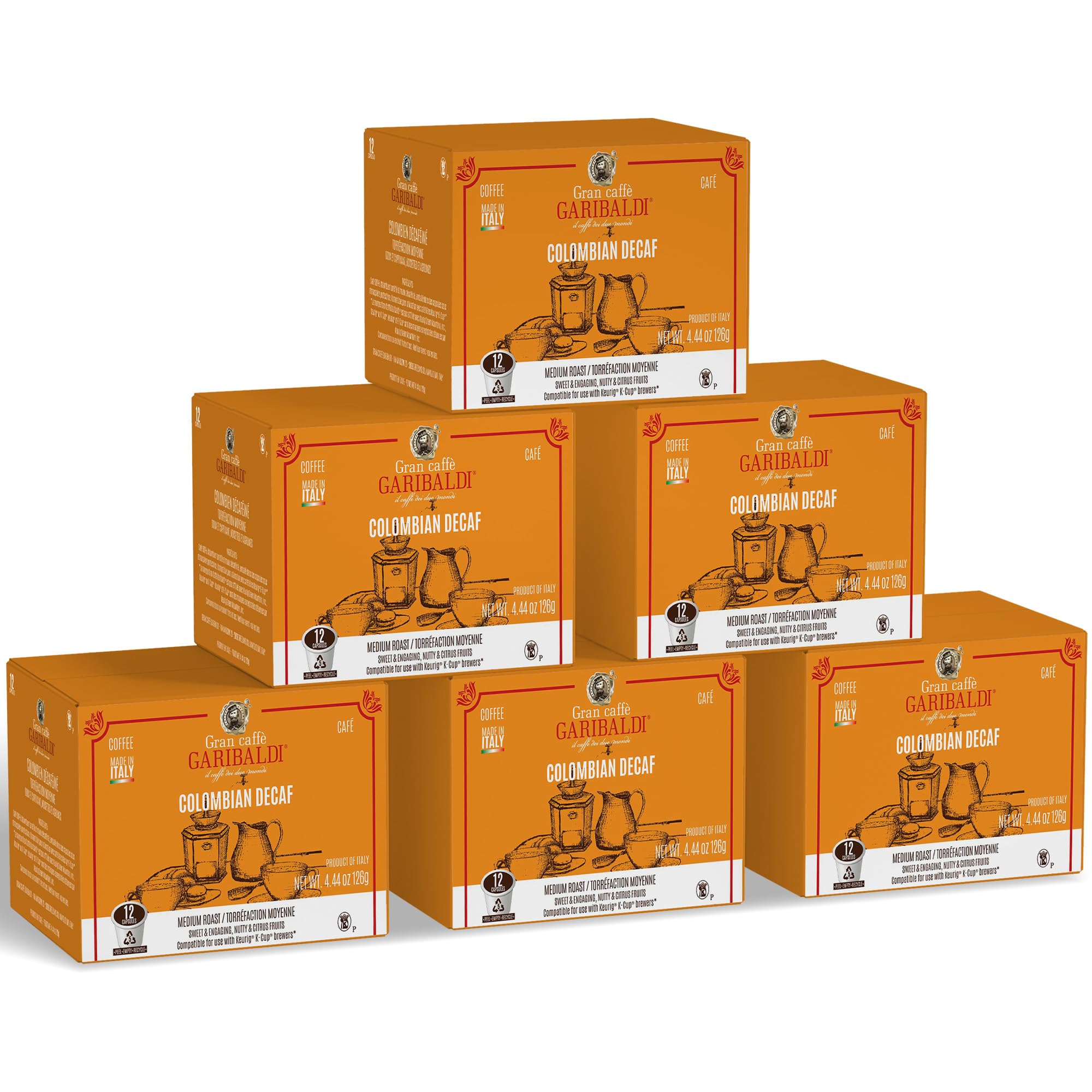 Caffè Garibaldi Colombian Coffee Pods, for Keurig K-Cup Brewers, Single Serve Cups with 100% Arabica Blend for Coffee Makers, 12 Count Recyclable Pods - Medium Roast
