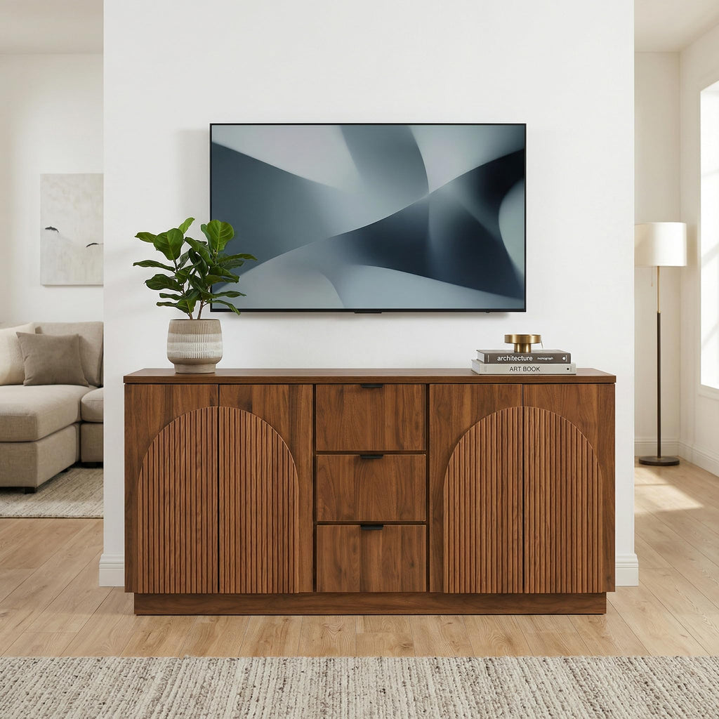 Yechen 55" Fluted Sideboard Buffet Cabinet with Storage, Wood Mid Century Modern Credenza Cabinet w/Arched Reeded Doors & Adjustable Shelves for Kitchen, Living Room, Entryway
