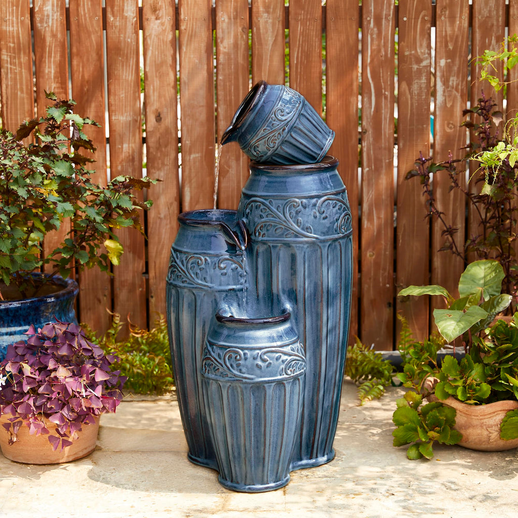 Glitzhome 27.25" H Outdoor Garden Water Fountain with LED Lights and Pump, 4 Tier Cobalt Blue Embossed Pattern Ceramic Pots Cascading Floor Standing Fountain for Porch Deck Patio Backyard Decoration