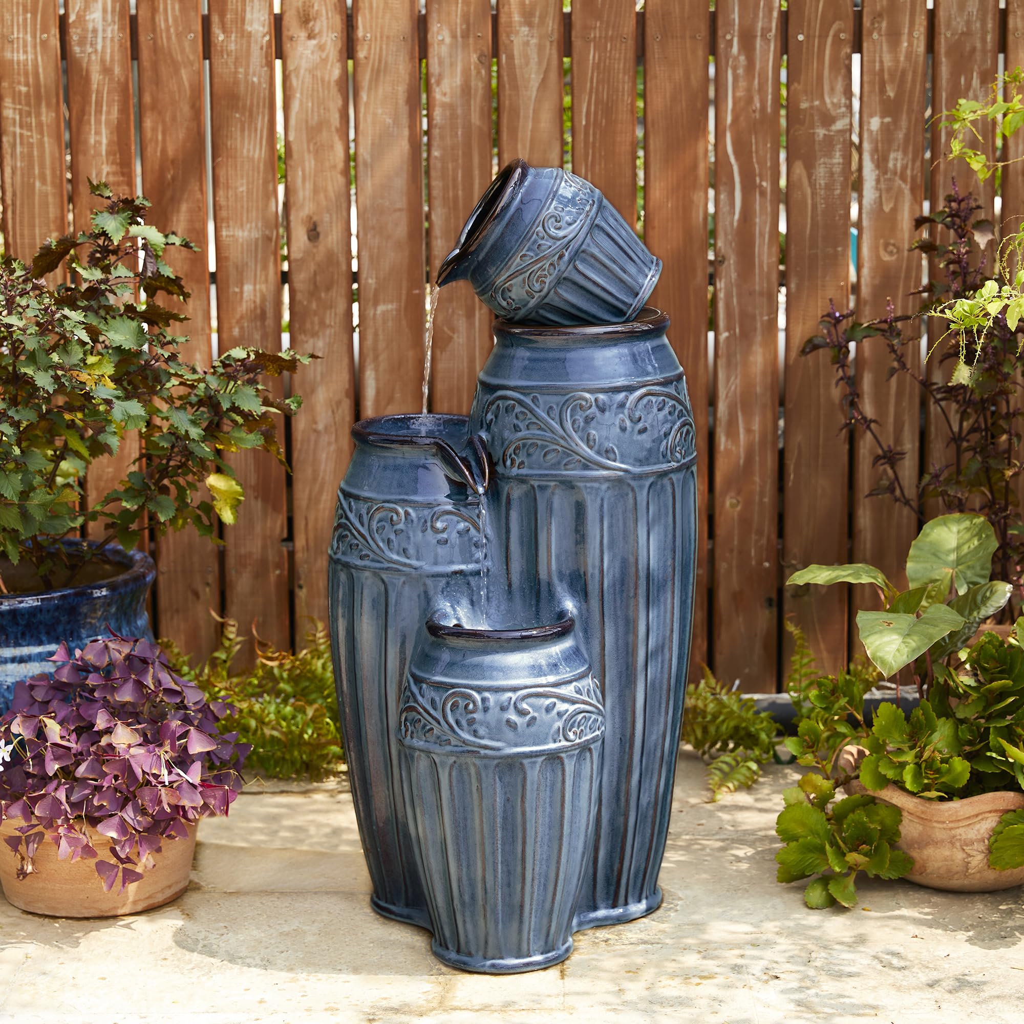 Glitzhome 27.25" H Outdoor Garden Water Fountain with LED Lights and Pump, 4 Tier Cobalt Blue Embossed Pattern Ceramic Pots Cascading Floor Standing Fountain for Porch Deck Patio Backyard Decoration