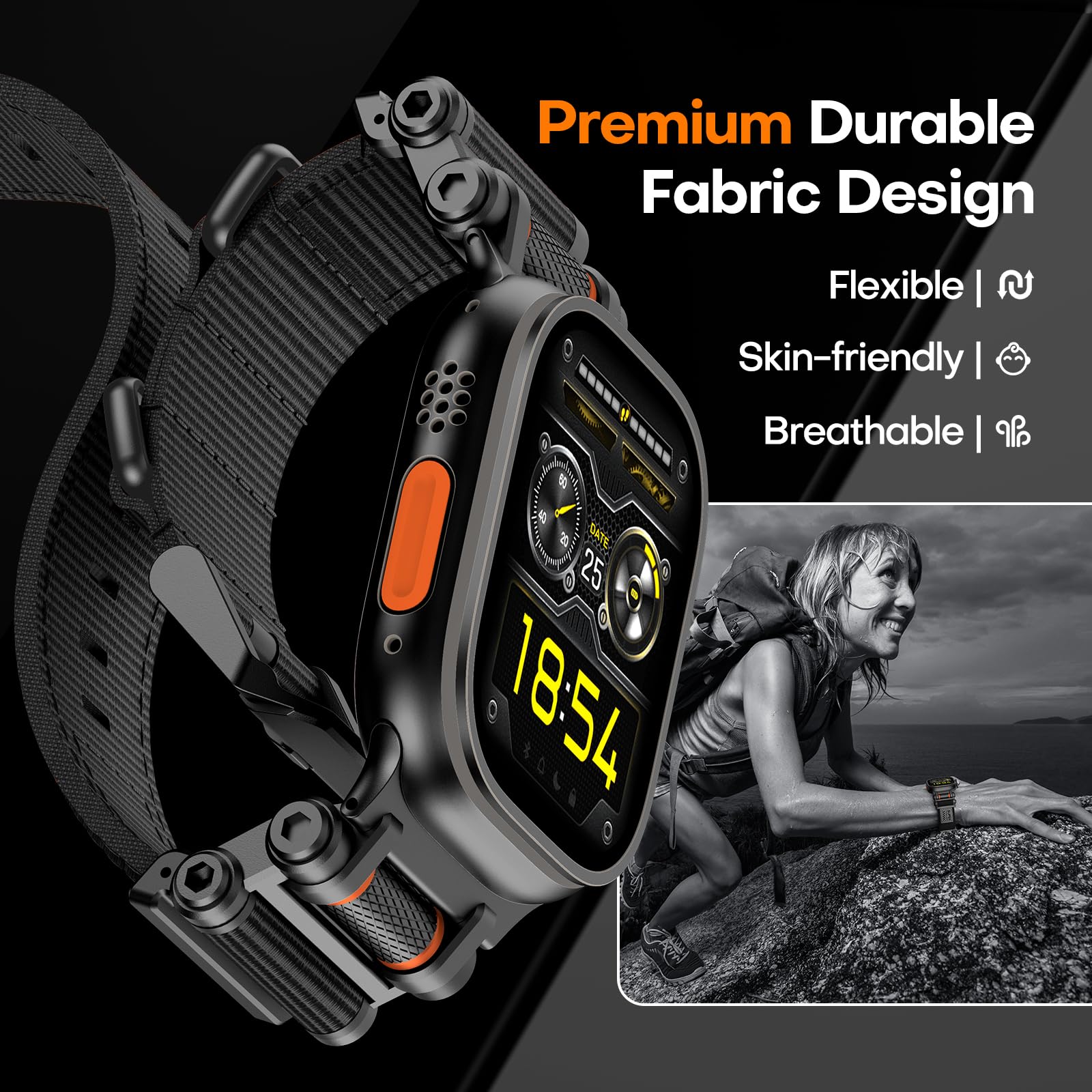 TAURI Nylon for Apple Watch Bands SE/Series 9/8/7/6/5/4 44/45mm, Rugged Nylon Braided Strap & Stainless Steel Connector – iWatch 44mm/45mm Adjustable Woven Band for Men Women, All Black