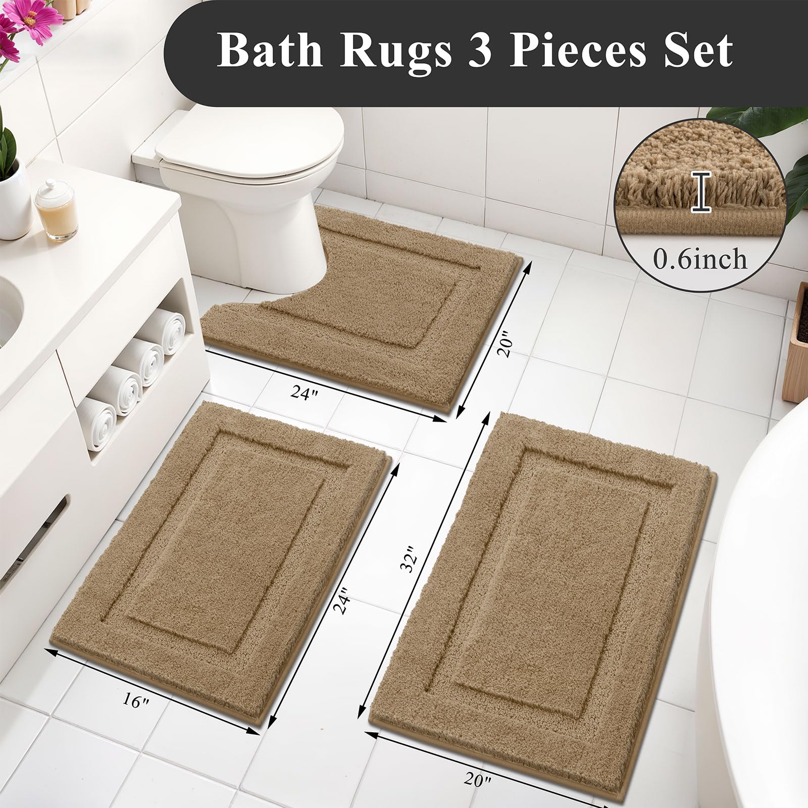 SHACOS Black Bathroom Rugs Sets 3 Piece, 16"x24" + 20"x32" Non Slip Bath Mat and 20"x24" Toilet Rugs U Shaped Washable, Soft Fluffy Water Absorbent Bath Rugs for Bathroom