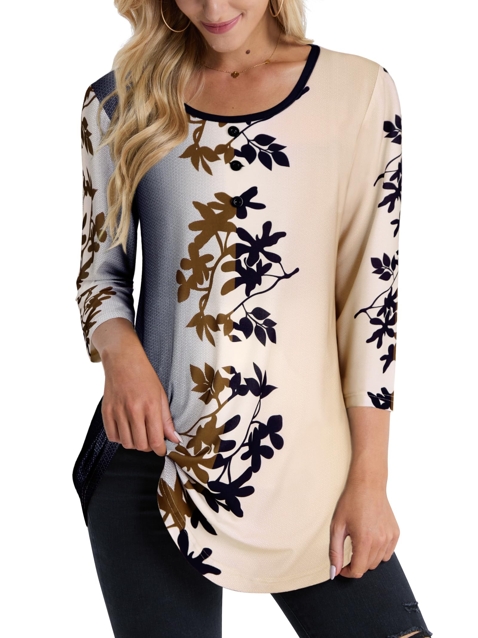 BAISHENGGT Womens Tops 3/4 Sleeve Round Neck Casual Tunic Tops Fall Fashion 2025 Dressy Casual Blouses