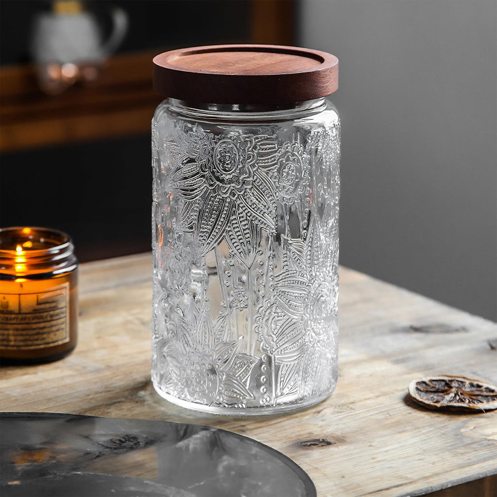 Custde Glass Storage Jars With Airtight Lid, 23.7oz Container For Kitchen Counter with Wooden Lid, brown sugar, candy, coffee, cookie, salt, tea, cute Jar (35oz Large Begonia Flowers)