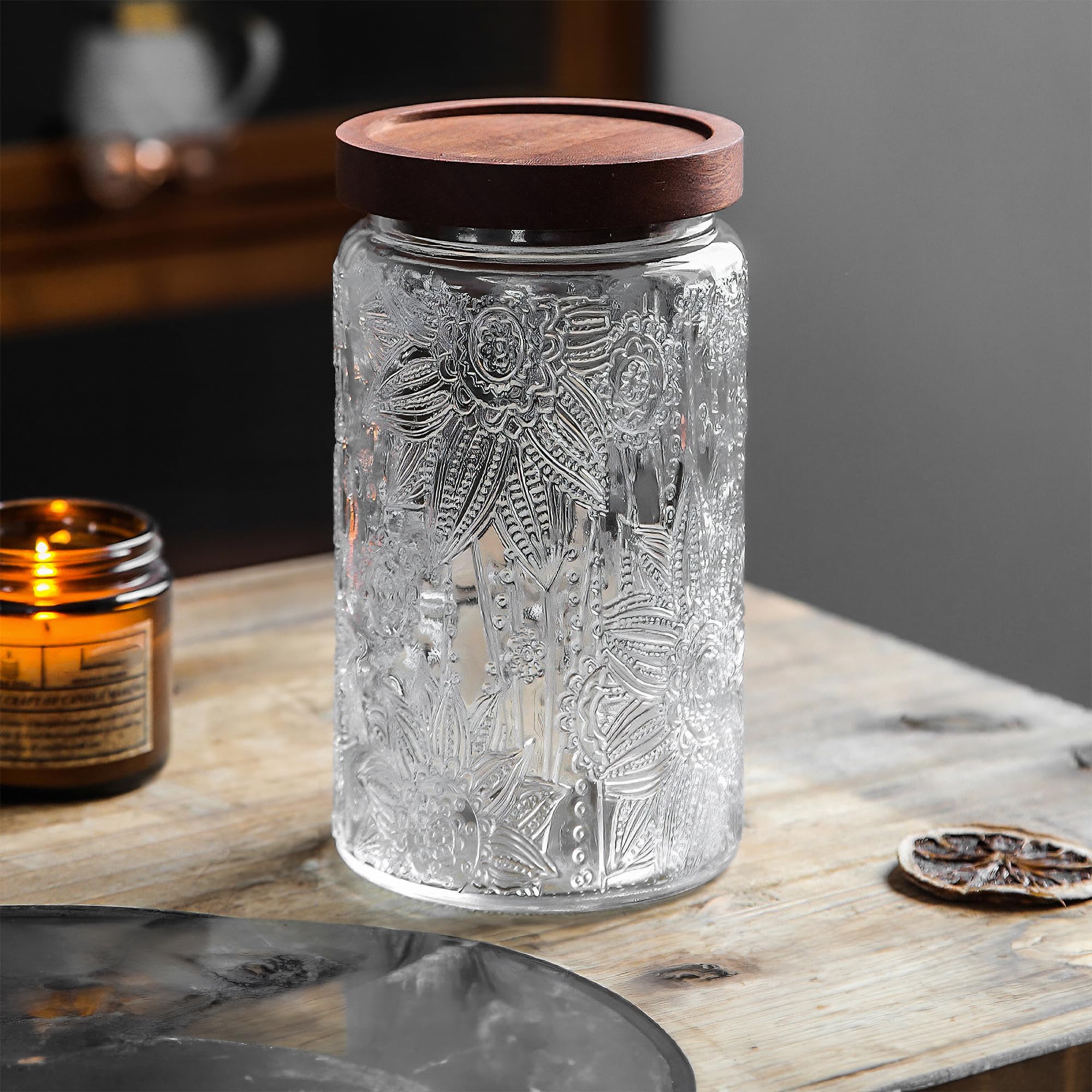 Custde Glass Storage Jars With Airtight Lid, 23.7oz Container For Kitchen Counter with Wooden Lid, brown sugar, candy, coffee, cookie, salt, tea, cute Jar (35oz Large Begonia Flowers)