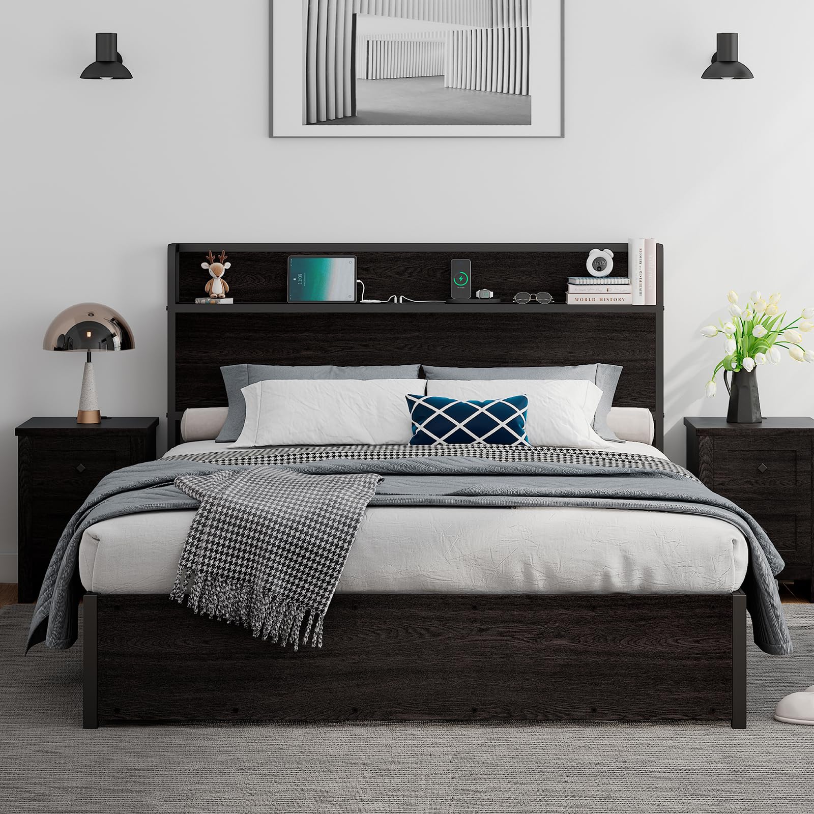 LUXOAK Full Size Lift Up Storage Bed, Wood Platform Bed Frame with Storage Headboard & Charging Station, No Box Spring Needed, Easy Assembly, Black