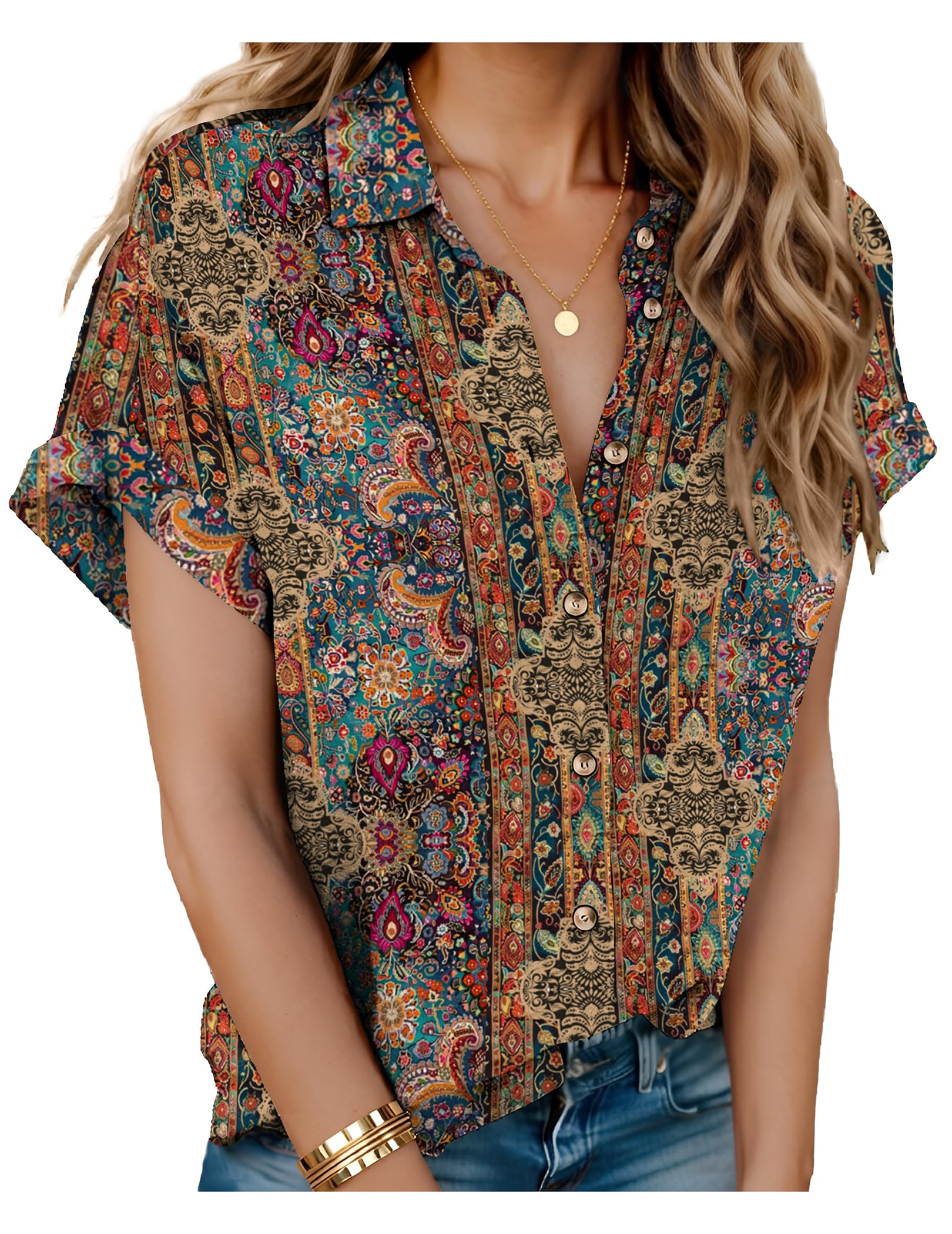 HOTOUCH Linen Shirts for Women Button Down Short Sleeve Tops Cotton Blouses Collared Button-up Beach Vacation Outfits