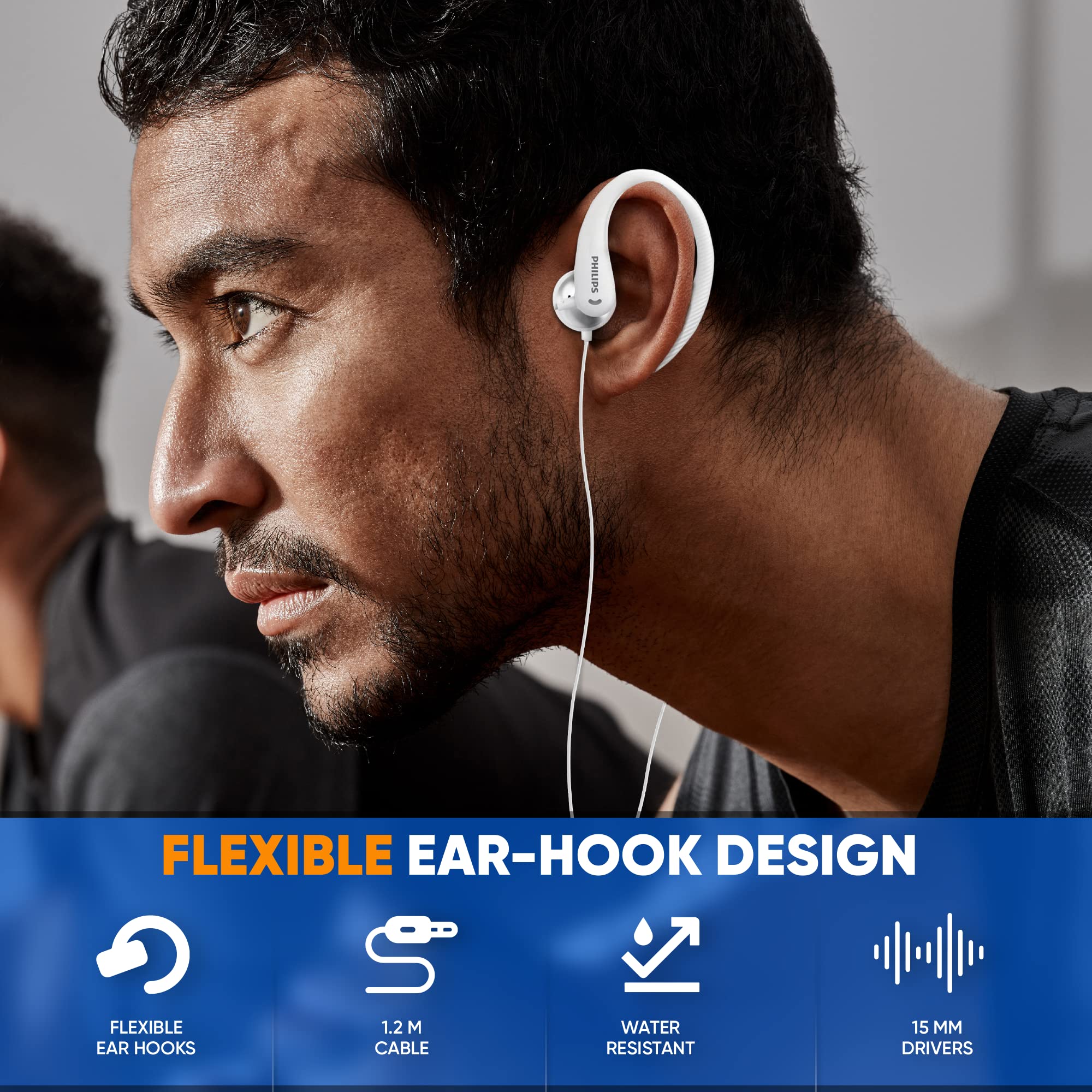 PHILIPS Over The Ear Earbuds, Flexible Wrap Around Earbuds, Around Ear Headphones with Mic Behind The Ear Headphones, Perfect for Sports, Running, Exercise, Gym (Black)