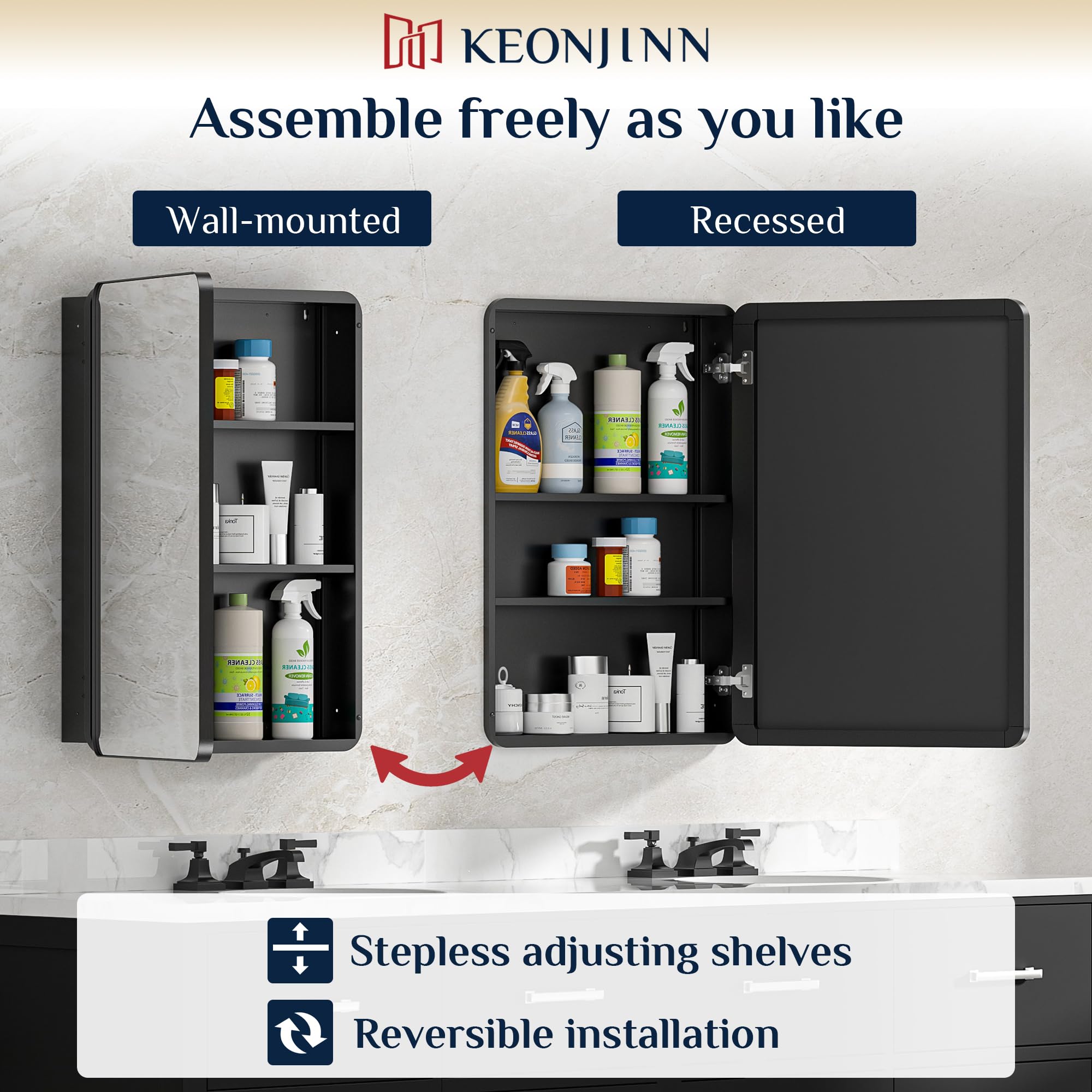 Keonjinn 15 x 36 Inch Black Slim Medicine Cabinets, Narrow Bathroom Side Medicine Cabinet with Mirror, Stainless Steel Framed, Adjustable Shelves, Recessed or Wall Mount, Modern Farmhouse