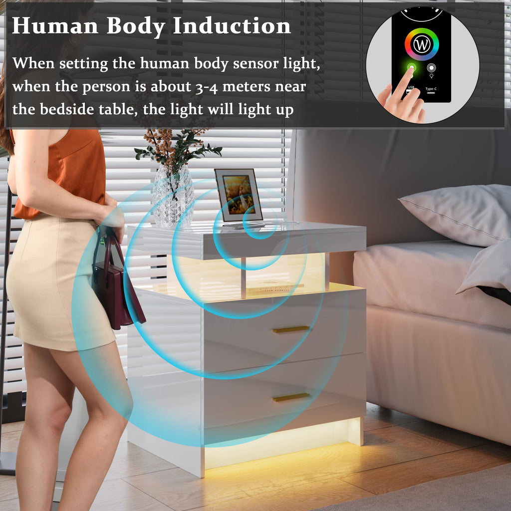 HNEBC LED Nightstand with Charging Station,Smart Bedside Table with Motion Sensor Lights,3 Drawers,Tempered Glass Top,High Gloss End Table with 3 Color Lights for Bedroom, Living Room,Office-Black