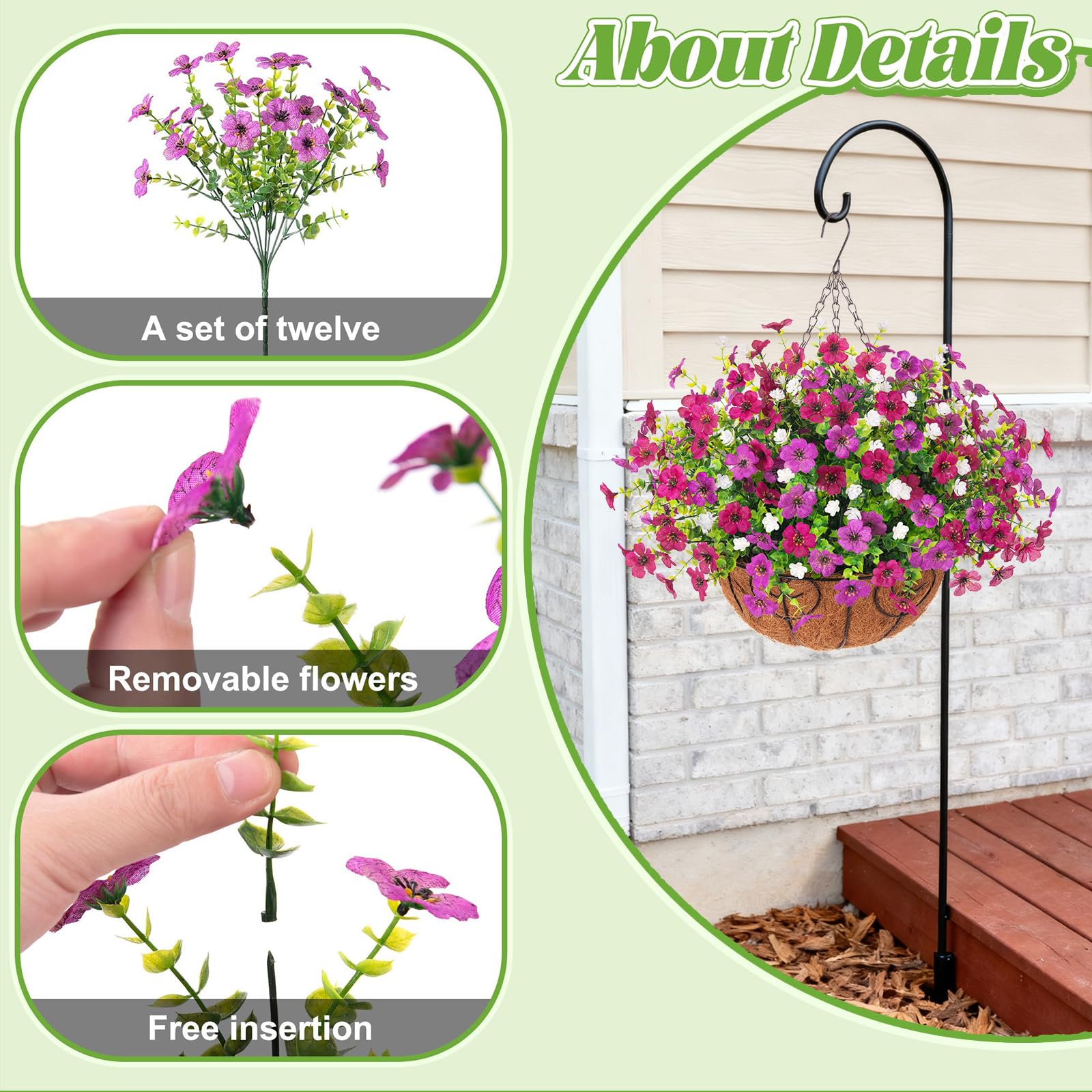 Ammyoo Artificial Faux Hanging Plants Flowers Basket for Spring Outdoor Decoration, Fake Silk Daisy UV Resistant Look Real with Eucalyptus Leaves Summer Outside Decor for Home Patio Garden