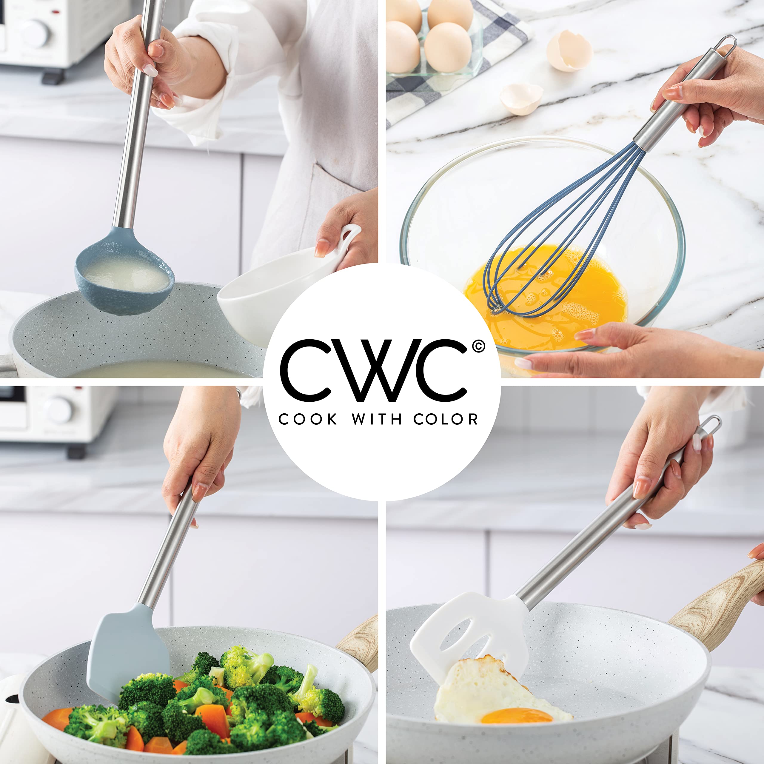 COOK WITH COLOR Silicone Cooking Utensils, Kitchen Utensil Set, Easy to Clean Silicone Kitchen Utensils, Cooking Utensils for Nonstick Cookware, Kitchen Gadgets Set with Holder, 10 Pieces