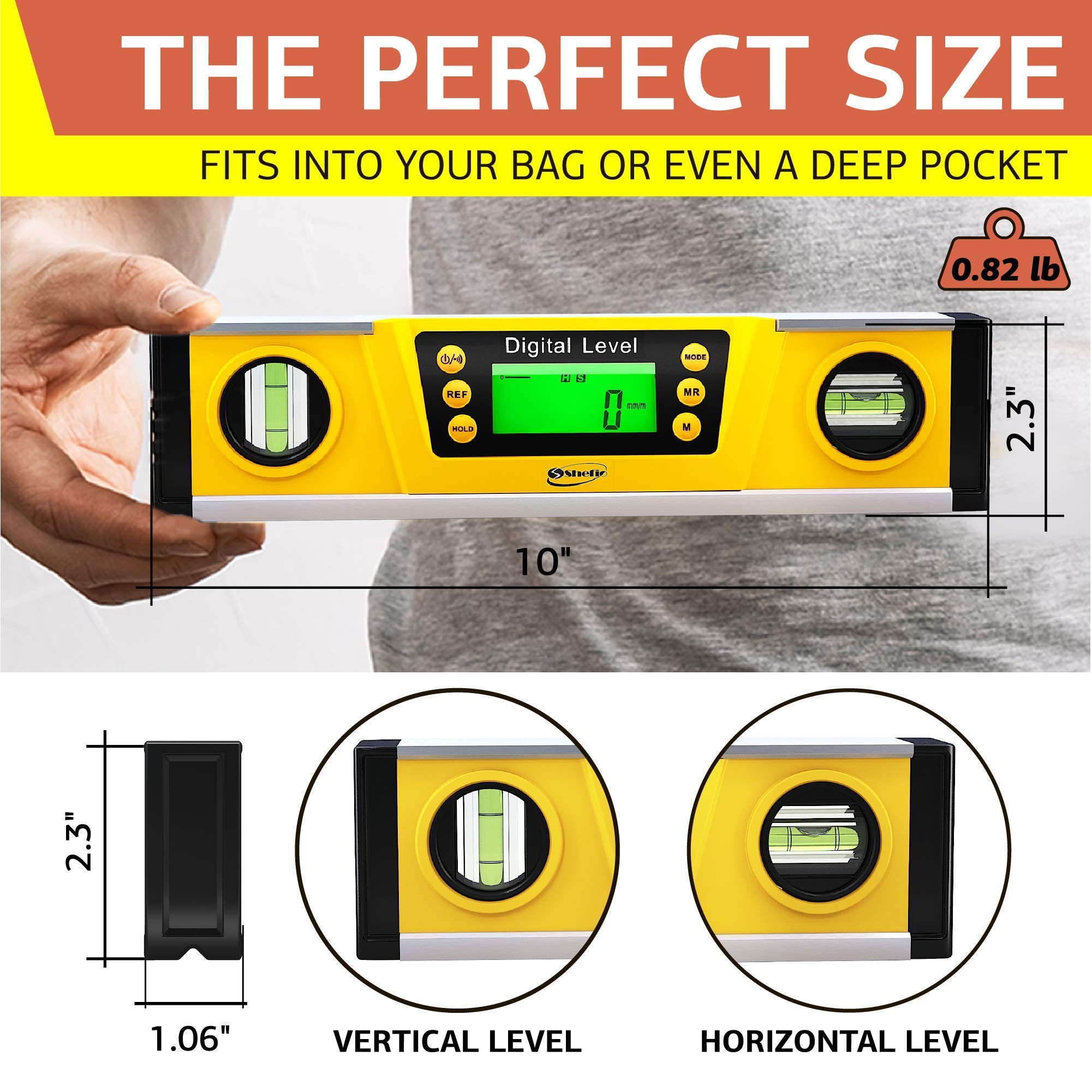 Shefio Digital Level - 10 Inch Torpedo Level And Protractor, Bright Lcd Display, Audio Indicator, Magnetic Base - Includes Batteries And Case